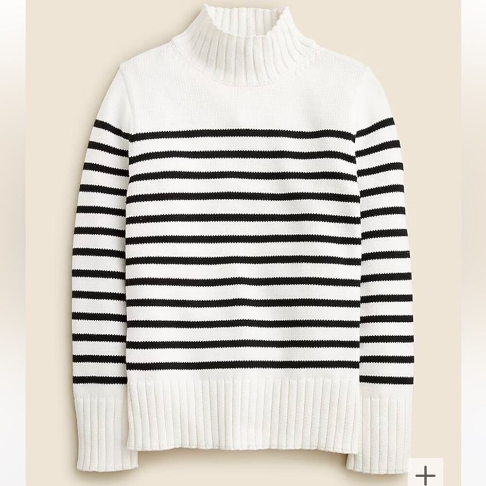J.CREW Cotton Turtleneck Sweater in Stripe Ivory White & Black Oversized XS NEW - Picture 2 of 14